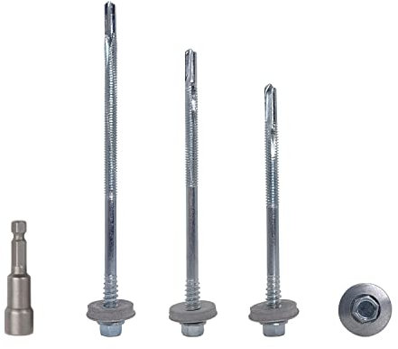 Paquete de 50 tornillos autoperforantes de cabeza hexagonal de acero al carbono de 5,5 x 180 mm con arandelas EPDM para fijar paneles sándwich (50, 5,5 x 180 mm)