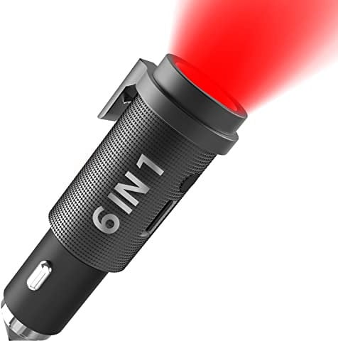 OrigCharge 6 in 1 Car Emergency Tool, with Window Breaker Seatbelt Cutter 3 Modes Cigarette Lighter Flashlight, Rescue Life Saving USB Car Phone Charger 18W,Mini Black