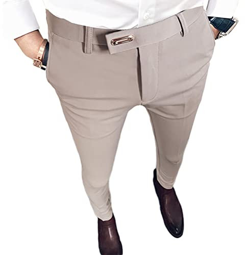 Onsoyours Pantalon de Costume Hommes Chino Pantalon Slim Fit Rayé Casual Élastique Pantalon à Carreaux Business Pantalon Décontracté avec Boucle en métal A Kaki M