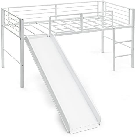 GOPLUS Cama infantil, litera con escalera y tobogán extraíble, 198 x 96 x 109 cm, carga máxima 150 kg, valla de seguridad, espacio de almacenamiento amplio bajo cama (blanco)
