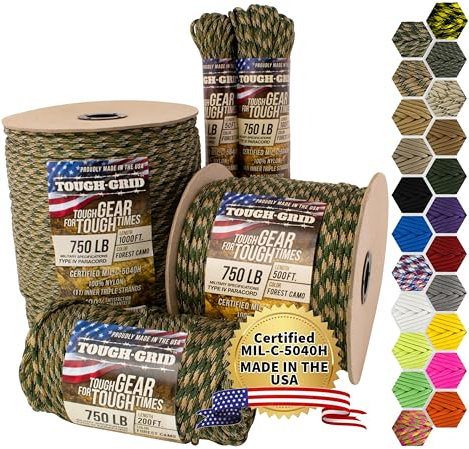 TOUGH-GRID PC200 340kg Paracord - 100% Nylon Militärspezifikationen Typ IV - für Militär, Kunsthandwerk, Hängematten, Notfälle - Wald Tarnfarbe