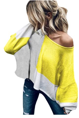 HEYPORK Damen Herbst Winter Warm Bequem Pullover Casual Mode Strickjacke Strickpullover Frauen Pullover mit Rundhals Patchwork Strickpullover Pullover(Gelb, M)