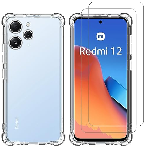 XunyLyee Funda para Xiaomi Redmi 12 4G /5G 6.79 con 2X Cristal Templado, Suave TPU Silicona Bumper Carcasa, con 2 Protector de Pantalla, Antichoque Anti-Arañazos Caso- Transparente