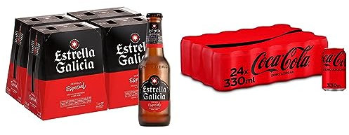 Estrella Galicia Especial - Cerveza Lager Premium, Pack de 24 Botellas x 25 cl & Coca-Cola Zero Azúcar - Refresco de cola sin azúcar, sin calorías - Pack 24 latas 330 ml