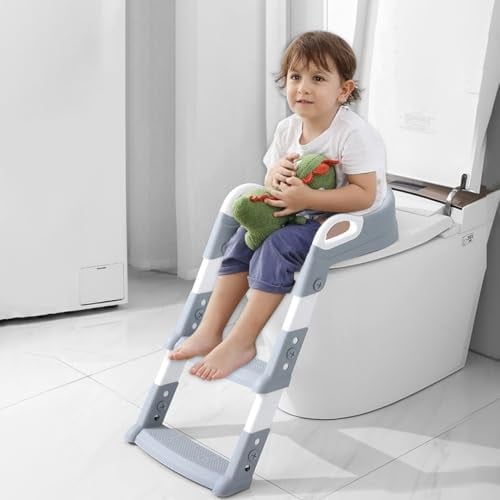 PLATINUM GOLD Children's Toilet Seat, Children's Toilet Seat with Stairs, Foldable Travel Bathroom Seat with Splash Guard, Potty Seat with Ladder, Comfortable, Adjustable (Grey)