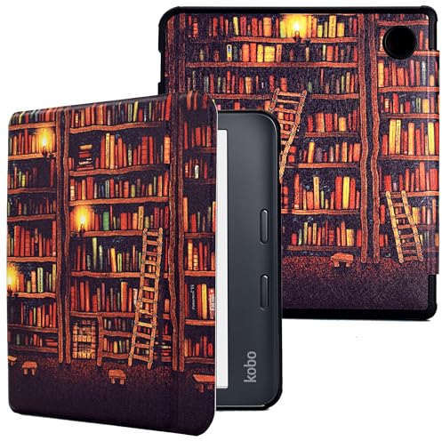 KEROM Hülle für Tolino Vision 6 (2021) / Kobo Libra 2 (2021), 7 Zoll, Leichte PU Leder Schutzhülle Case mit Handschlaufe und Auto Schlaf/Wach Funktion, Bibliothek