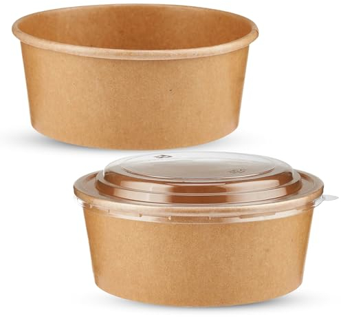 CHEF ROYALE 100x 1000ml Kraft Salad Paper Bowls with Lids - Takeaway Bowls for Hot/Cold Food - Leakproof Soup Containers - Carboard Packaging