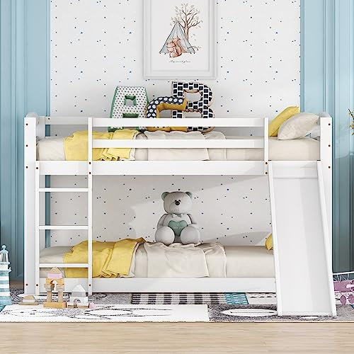 Merax Lit superposé pour enfants et adolescents avec toboggan, cadre en bois massif, montage facile, 90 x 200 cm, en blanc élégant, sans matelas