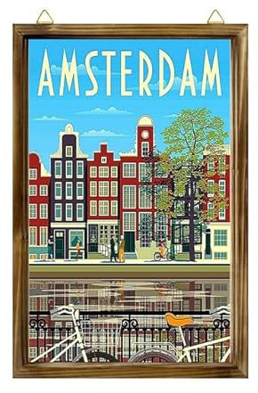 FarmhouseGerahmtes Holzschild, Amsterdam, Holland, Niederlande, Retro-Reise-Kunstdruck, Werbungsdruck, Wandbehang, Holz-Bilderrahmen, Heimdekoration, 30 x 25 cm