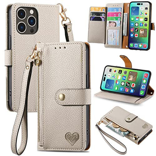 VEEMOS Zipper Wallet Case for Apple iPhone 14 Pro Phone Case with Purse Card Holders RFID Blocking Leather Flip Case Book Cover Wrist Strap Women - Gray