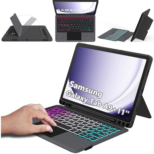 ROOFEI Galaxy Tab A9+ 11 inch Case with Detachable Keyboard : DIY 3-Zone 7 Color Backlit, Smart Touchpad, Multi-Angle Kickstand, UK Layout Keyboard Case for Samsung Galaxy Tab A9 Plus 11 2023