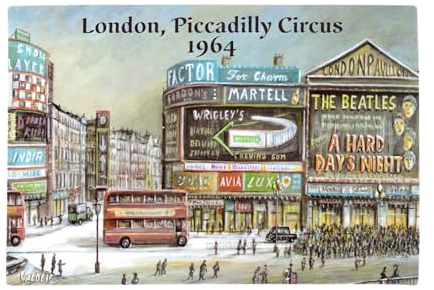 VALDEIG - London, Piccadilly Circus 1964 - Kühlschrank Magnet Kühlschrankmagnet England Souvenir, Bus Doppeldecker rot, Bild Magnete für Kinder, Kühlschrankmagnete für Magnetkühlschrank, Geschenk, P