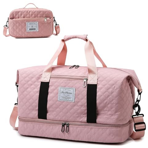 KAMEUN Reisetasche Damen Sporttasche Groß mit Schuhfach Wasserdicht Handgepäck Tasche mit Kosmetiktasche Travel Duffle Bag für Flugzeug Reise Gym (Rosa)