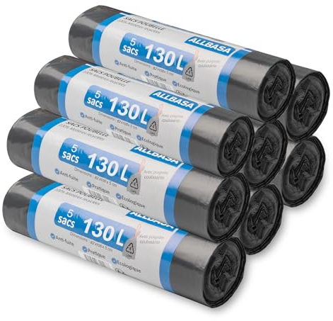 AURSTORE BASA Sac Poubelle ultra résistant, Sacs poubelle à poignées coulissantes,Sacs en Plastique Recyclés Étanchéité maximale (130L, Lot de 8Paquets)