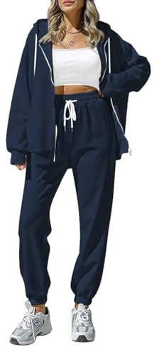 Sovoyontee Damen Trainingsanzug Zip Up Hoodie Sweatsuits 2-teilige Jogger Sets mit Taschen Blau M