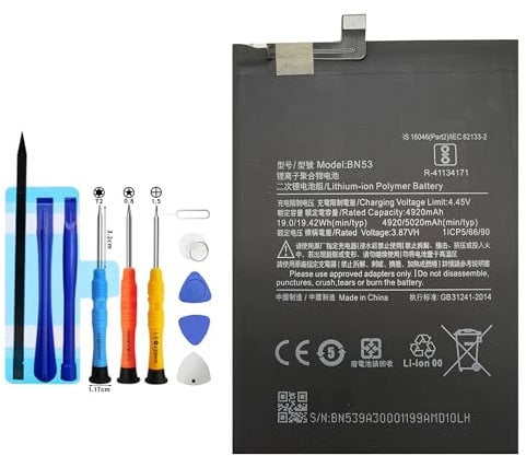 Vvuilsty Batería de repuesto BN53 para Redmi Note 9 Pro, batería recargable de 0 ciclos compatible con Redmi Note 9 Pro con kits de herramientas de reparación