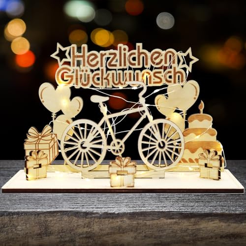 Fahrrad Geburtstag Geldgeschenke Holz mit LED Lichterkette, Geldgeschenk Fahrrad Geburtstag Deko, Holz-Schild Gästebuch, Geldgeschenke Geburtstag Holz, Geldgeschenk Fahrrad für Radfahrer, Freunde