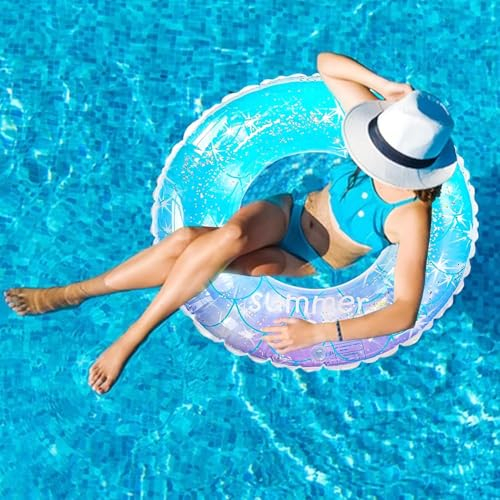 panemy Schwimmring Erwachsene Pailletten, 85cm Schwimmring Erwachsene mit Glitzer, Schwimmring Erwachsene XXL Mit Griff, für Strand Schwimmbad Sommerferien Party (Blau)