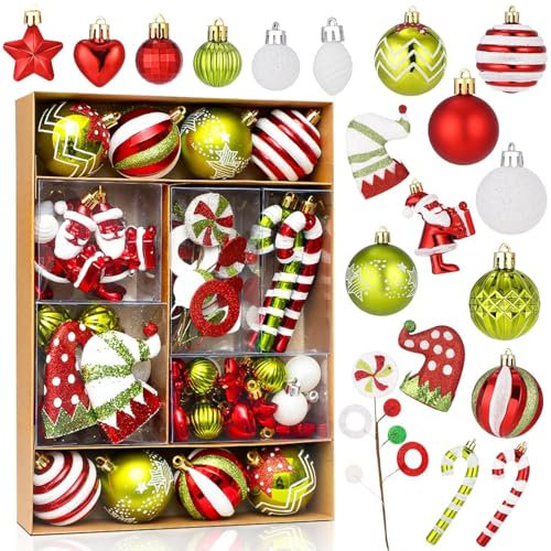 Boules de Noël 50 pièces Boules de Noël Décoration de Noël Boules de Noël en Plastique Boules de Noël Boules de Noël en Plastique Pendentif Elfes Set de décoration de Sapin de Noël Rouge Vert Blanc