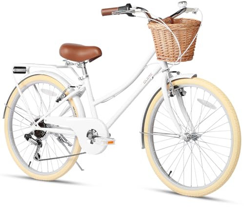 Glerc Missy 24“ Zoll Mädchen Cruiser Kinder Fahrrad 6-Gang Teen Hybrid Stadt Fahrrad für Jugendliche Alter 12 13 14 15 16 Jahre alt mit Weidenkorb & Leichtgewicht, Weiß