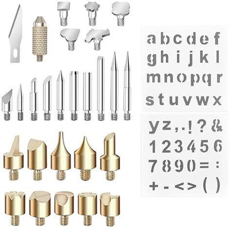 Wood Burning Pyrography Kit 26Pcs Pyrography Tips Wood Burning Soldering Chiseled Tips Handmade Leather Carving Iron Tip with 2Pcs Various Letters Numbers and Symbols Stencils