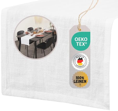 chambry Tischläufer 100% Leinen Stonewashed – Handarbeit Made in Germany – Größe und Farbe wählbar – natürliche und hochwertige Tischdekoration aus Naturmaterial Weiß 40cm x 240cm