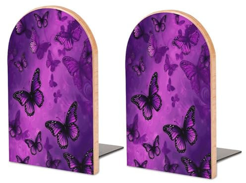 Grand serre-livres en bois imprimé papillon violet, serre-livres durable, avec base en métal adaptés pour une utilisation dans les salles d'étude, les étagères, les bureaux, les salles de classe et