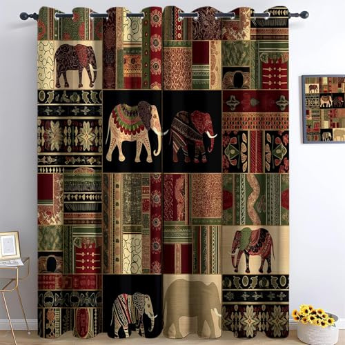 Elefanten Patchwork Muster Blickdicht Gardinen für Wohnzimmer, H 160 x B 140 cm Traditionelle Afrikanische Stil Verdunkelungsvorhang mit Ösen Thermo Vorhang Schlafzimmer Kinderzimmer Fenster, Bunt