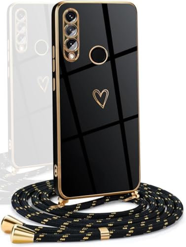 YAMCCCSE Funda para Huawei P30 Lite con Cuerda,Suave Silicona diseño de corazón con Chapado en Oro de Lujo,Case con Ajustable Colgante Cordon Colgar Collar Correa de Cuello Cadena Cordón