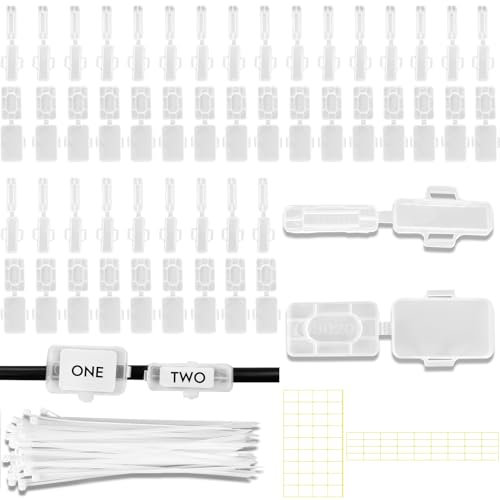 50pcs Cable Labels, Reusable Network Cable Labels, Replacement Electrical Cable Labels, Box of Cable Tags, for Labeling and Classifying Various Cables, with 50pcs Cable Ties, and 72pcs White Stickers