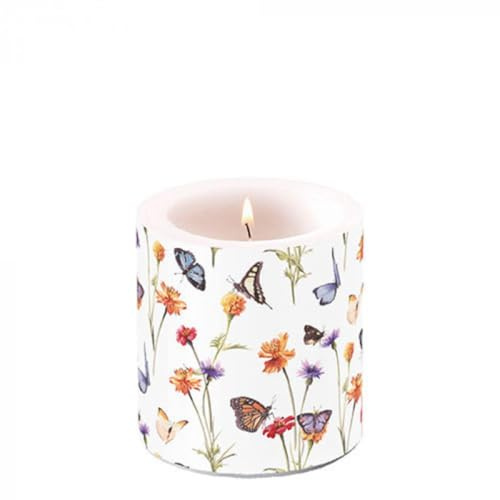 Ambiente Kerze Stumpenkerze Wachswindlicht 9 cm hoch Brenndauer ca 35h Blumen Frühling Sommer Garten Schmetterlinge Dekorationskerze Serie butterfly garden