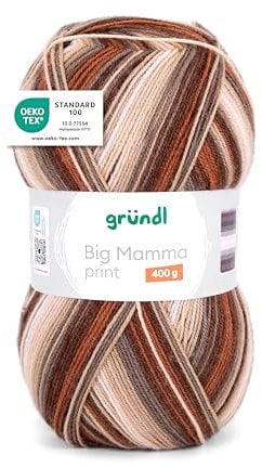 Gründl Wolle Big Mamma Print - XXL Wolle zum Stricken mit Farbverlauf - Weich und hautfreundlich - 100% Polyacryl - 1 Knäuel 400 g / 1040 m - Nadelstärke 3,5-4,5 - kupfer-haselnuss-greige-creme