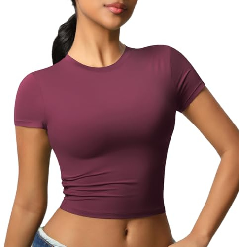 JTSONN T-Shirt de Sport Femmes Manches Courtes Respirante Chemise Fonctionnelle Haut de Course Chemise Compression Col Rond Yoga Fitness Workout Gym Running Crop Top