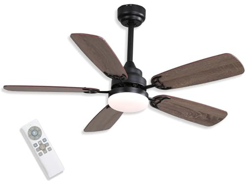VZLED - Ventilador de techo 107 cm 42 con luz led regulable y control remoto - Motor DC silencioso, 6 velocidades, giro reversible, color negro e imitación madera