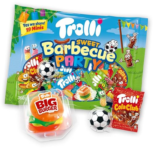 Trolli BBQ Süßigkeiten Set – Sweet Barbecue Party + Big Burger 50g | Fruchtgummi-Mix mit Kultfaktor, Einzeln verpackt, Ideal für eine Sommerparty, Candy Bar, Kindergeburtstag & als Mitgebsel