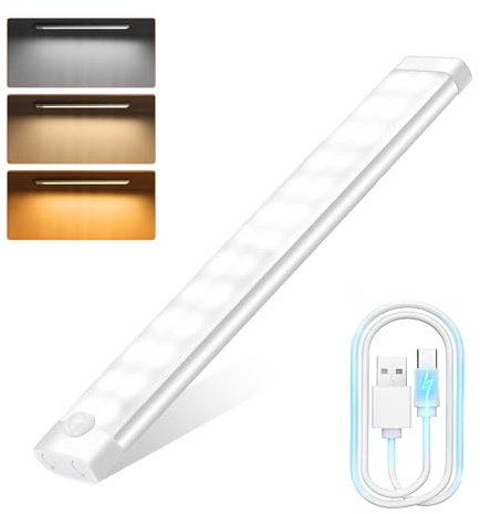 Woobroo Motion Sensor Lights - 30cm Under Cabinet Kitchen Lights,3 Color Rechargeable Night Light, Auto On/Off Dimming Wardrobe Lights for Stairs, Under Cabinet, Closet, Room, Wardrobe, 1 Pack