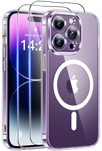 Qasyfanc Magnetic for iPhone 14 Pro Case with 2 Tempered Glass Screen Protector, Compatible with MagSafe, Full Camera Protection, [Anti-Yellowing] Shockproof Protection Phone Case, Clear