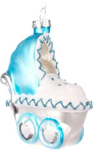 BRUBAKER Kinderwagen Blau - Weihnachtskugel aus Glas - Handbemalt und Mundgeblasen - Baby Christbaumschmuck für Jungen und Mädchen - Christbaumkugel Figuren Weihnachtsdeko Anhänger - Deko Baumkugel