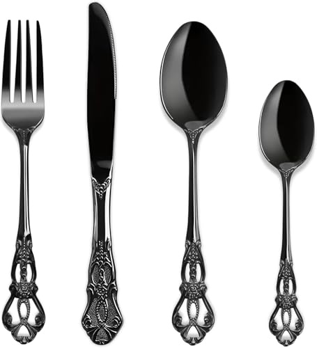 Black Cutlery Set, 32-Piece Cutlery Set for 8 Retro Royal Knife and Fork Sets Stainless Steel Black Cutlery Sets for Home Banquet Catering, Mirror Polished and Dishwasher Safe