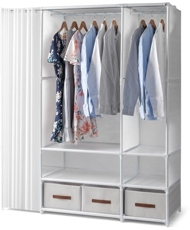 TactFire Kleiderschrank, Kleiderständer Weiß, 144x45x166cm | offen freistehende Garderobe mit Kleiderstangen, Stoffablagen, Metallrahmen