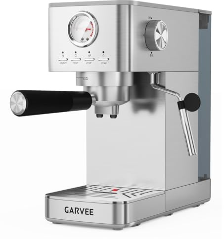 GarveeLife Cafetera Semiautomática 20 Bares – Vaporizador de Leche y Manómetro para Capuchino – Acero Inoxidable Acabado Madera