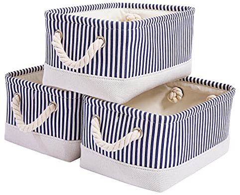 Mangata Fabric Storage Boxes, Open Storage Organizers, 3 Pack (Blue Stripe, Small)