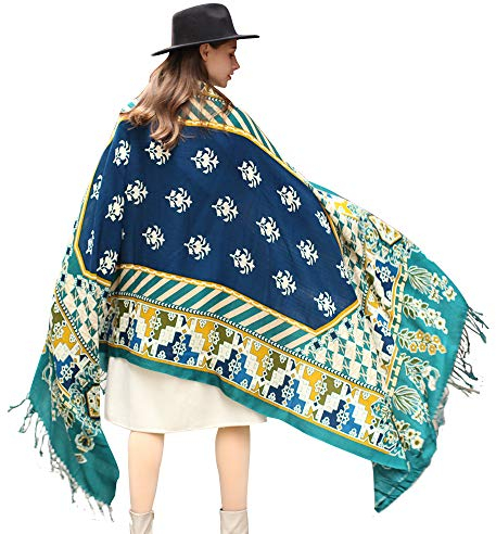 DANA XU Luxuriöser Pashmina-Schal aus 100 % reiner Wolle, übergroß, warm, Blumenmuster, Kaschmir, Schal und Wickeltuch für Damen, Decke, Umhang, 25 x Grün und Blau, 96*42 INCHES
