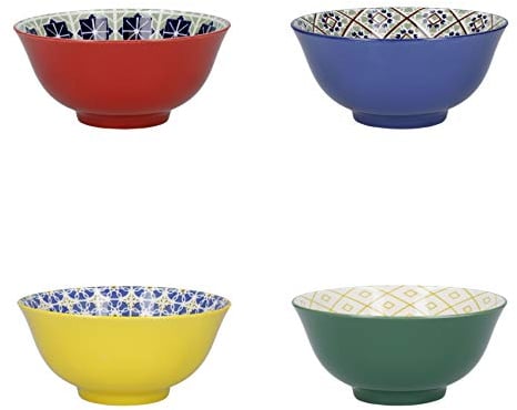 KitchenCraft Juego de cuencos para cereales en caja de regalo, 4 cuencos de cerámica ideales para helado, sopa y mucho más, diseños 'World of Flavours', 15 cm