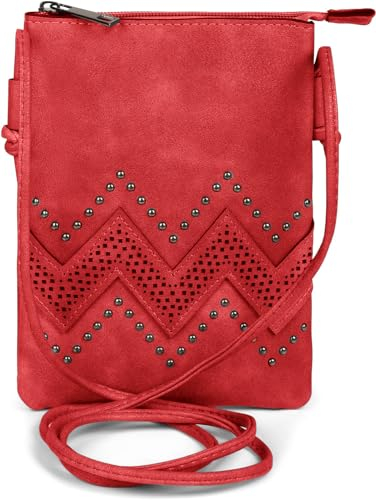 styleBREAKER Damen Mini Bag Umhängetasche mit Zick-Zack Cutout und Nieten, Schultertasche, Handtasche, Tasche 02012211, Farbe:Rot