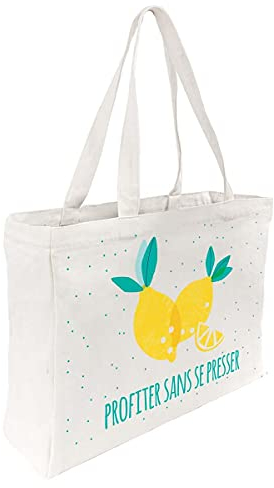 DRAEGER PARIS - Tote bag blanc 100% coton Profiter sans se presser - Motif citrons - Sac été, plage, vacances, sport - 41 x 29 x 9 cm - 172 g - 340 g/m²