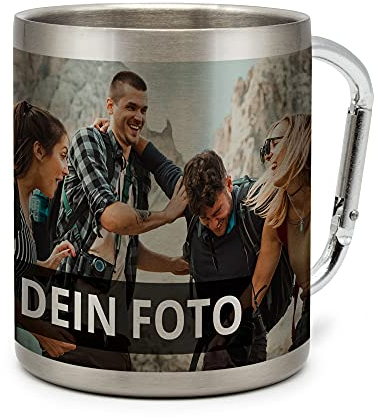 PhotoFancy® - Edelstahltasse mit Karabinerhaken mit Foto bedrucken - Fototasse selbst gestalten