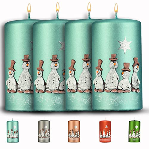 WIKAKERZEN Weihnachtskerze für Adventskranz – 4 Set 13x7cm - Schneemänner - Stumpenkerze aus hochwertigem Paraffinwachs mit Baumwolldocht - Adventskerze RAL zertifiziert (Stahlblau)