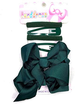 6 Piece Set, School Hair Set Clips Bobbles Bendies Bow Clips Girls Hair Accessory (Bottle Green Plain)