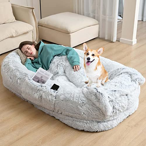 Hundebett, ausreichend groß für Menschen, waschbares Kunstfell; orthopädisches Bett für Nickerchen, riesiges Hundebett mit Decke für Menschen, Familien, Haustiere (Farbe: Grau, Größe:
